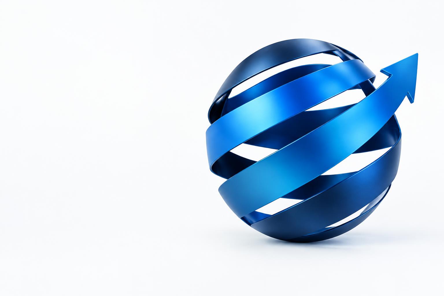 Blue globe-inspired sculpture with curved bands and an arrow